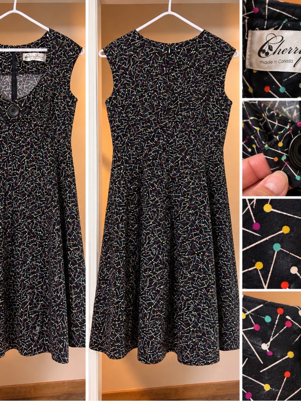 Cherry Velvet Black Midi Fit-and-Flare Dress with Multicolor Dot & Line Print